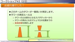 ワークショップ#2（2/2）
お疲れ様でした！
 どのチームのタワーが一番高いか測定します。
 タワーの測定ルールは
– タワーの土台部分となるスパゲティの一から
– タワーの頂点となるマシュマロの位置までの
– 垂直距離を測定します
Copyright © POStudy (プロダクトオーナーシップ勉強会). All rights reserved. 13
http://www.slideshare.net/youandi060219/ss-14393052
 