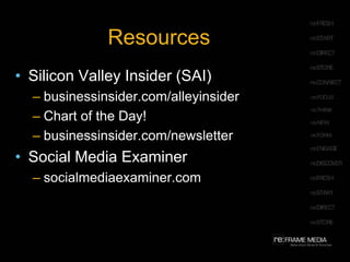 Resources
• Silicon Valley Insider (SAI)
  – businessinsider.com/alleyinsider
  – Chart of the Day!
  – businessinsider.com/newsletter
• Social Media Examiner
  – socialmediaexaminer.com
 