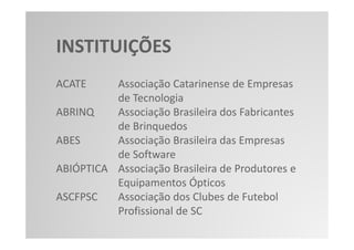 INSTITUIÇÕES
ACATE     Associação Catarinense de Empresas
          de Tecnologia
ABRINQ    Associação Brasileira dos Fabricantes
          de Brinquedos
ABES      Associação Brasileira das Empresas
          de Software
ABIÓPTICA Associação Brasileira de Produtores e
          Equipamentos Ópticos
ASCFPSC   Associação dos Clubes de Futebol
          Profissional de SC
 