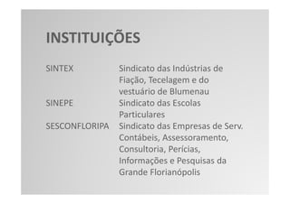 INSTITUIÇÕES
SINTEX          Sindicato das Indústrias de
                Fiação, Tecelagem e do
                vestuário de Blumenau
SINEPE          Sindicato das Escolas
                Particulares
SESCONFLORIPA   Sindicato das Empresas de Serv.
                Contábeis, Assessoramento,
                Consultoria, Perícias,
                Informações e Pesquisas da
                Grande Florianópolis
 