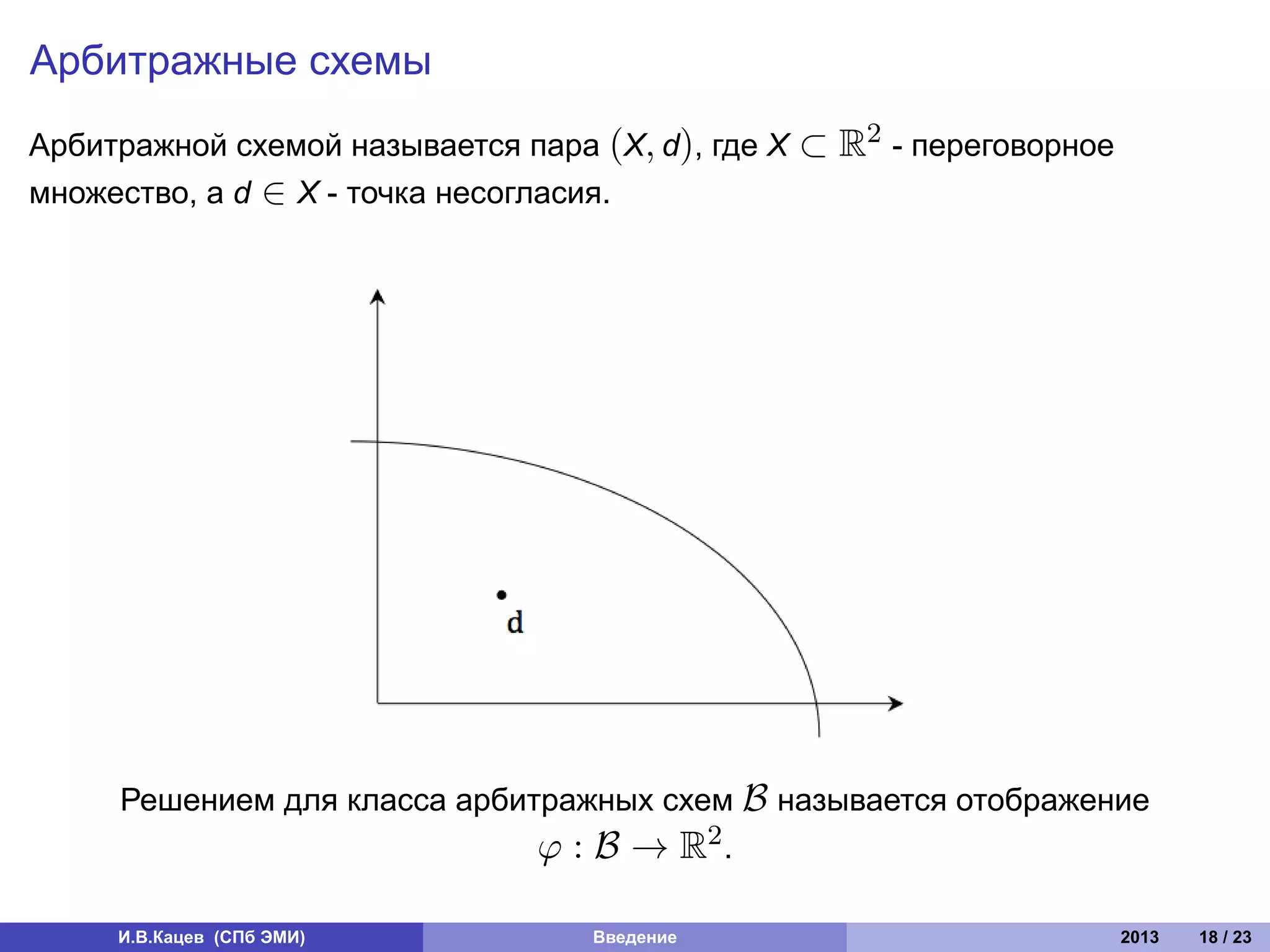 Арбитражные схемы
Арбитражной схемой называется пара (X, d), где X   ⊂ R2 - переговорное
множество, а d ∈ X - точка несогласия.




     Решением для класса арбитражных схем B называется отображение
                              φ : B → R2 .

     И.В.Кацев (СПб ЭМИ)           Введение                              2013   18 / 23
 