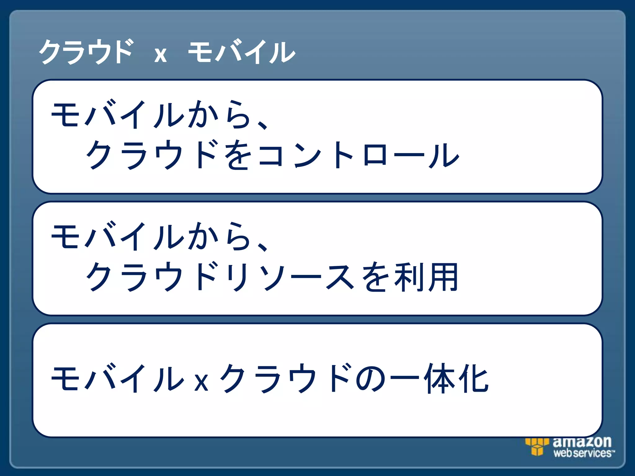 クラウド x モバイル

モバイルから、
 クラウドをコントロール

モバイルから、
 クラウドリソースを利用

モバイル x クラウドの一体化
 