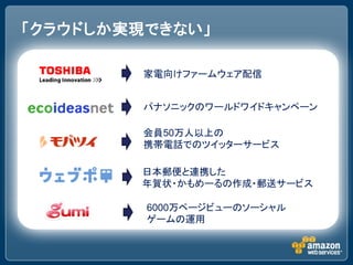 「クラウドしか実現できない」

         家電向けファームウェア配信


         パナソニックのワールドワイドキャンペーン

         会員50万人以上の
         携帯電話でのツイッターサービス

        日本郵便と連携した
        年賀状・かもめーるの作成・郵送サービス

         6000万ページビューのソーシャル
         ゲームの運用
 