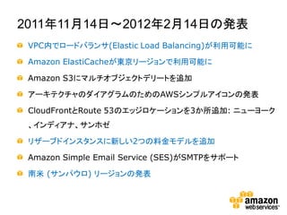 2011年11月14日～2012年2月14日の発表
 VPC内でロードバランサ(Elastic Load Balancing)が利用可能に

 Amazon ElastiCacheが東京リージョンで利用可能に

 Amazon S3にマルチオブジェクトデリートを追加

 アーキテクチャのダイアグラムのためのAWSシンプルアイコンの発表

 CloudFrontとRoute 53のエッジロケーションを3か所追加: ニューヨーク
 、インディアナ、サンホゼ

 リザーブドインスタンスに新しい2つの料金モデルを追加

 Amazon Simple Email Service (SES)がSMTPをサポート

 南米 (サンパウロ) リージョンの発表
 