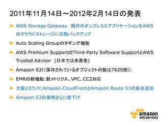 2011年11月14日～2012年2月14日の発表
 AWS Storage Gateway： 既存のオンプレミスアプリケーションをAWS
 のクラウドストレージに自動バックアップ

 Auto Scaling Groupのタギング機能

 AWS Premium SupportのThird-Party Software SupportとAWS
 Trusted Advisor (日本では未発表)

 Amazon S3に保存されているオブジェクトの数は7620億に

 EMRの新機能:新メトリクス、VPC、CC2対応

 大阪とミラノにAmazon CloudFrontとAmazon Route 53の拠点追加

 Amazon S3の価格さらに値下げ
 
