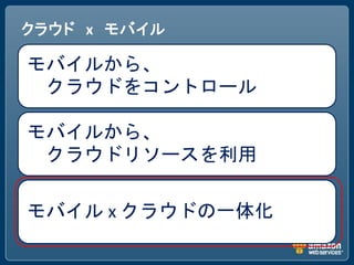 クラウド x モバイル

モバイルから、
 クラウドをコントロール

モバイルから、
 クラウドリソースを利用

モバイル x クラウドの一体化
 