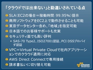 「クラウドでは出来ない」と勘違いされている点
SLA（EC2の場合＝稼働時間：99.95％）提示
商用ソフトウェアをEC2上で動作させることも可能
東京データセンター含め、「地域」を指定可能
日本語でのお客様サポートも充実
セキュリティ面でも高い評判
  SAS-70 Type2、ISO27001認証、PCI DSSプロバイ
   ダ認証
VPC＝Virtual Private Cloudで社内アプリケーシ
ョンでのクラウド適用に対応
AWS Direct Connectで専用接続
請求書払いに切り替え可能
 