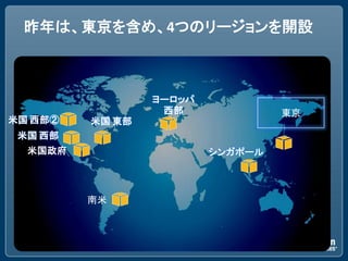 昨年は、東京を含め、4つのリージョンを開設



                 ヨーロッパ
                  西部              東京
米国 西部②   米国 東部
 米国 西部
  米国政府                   シンガポール



         南米
 