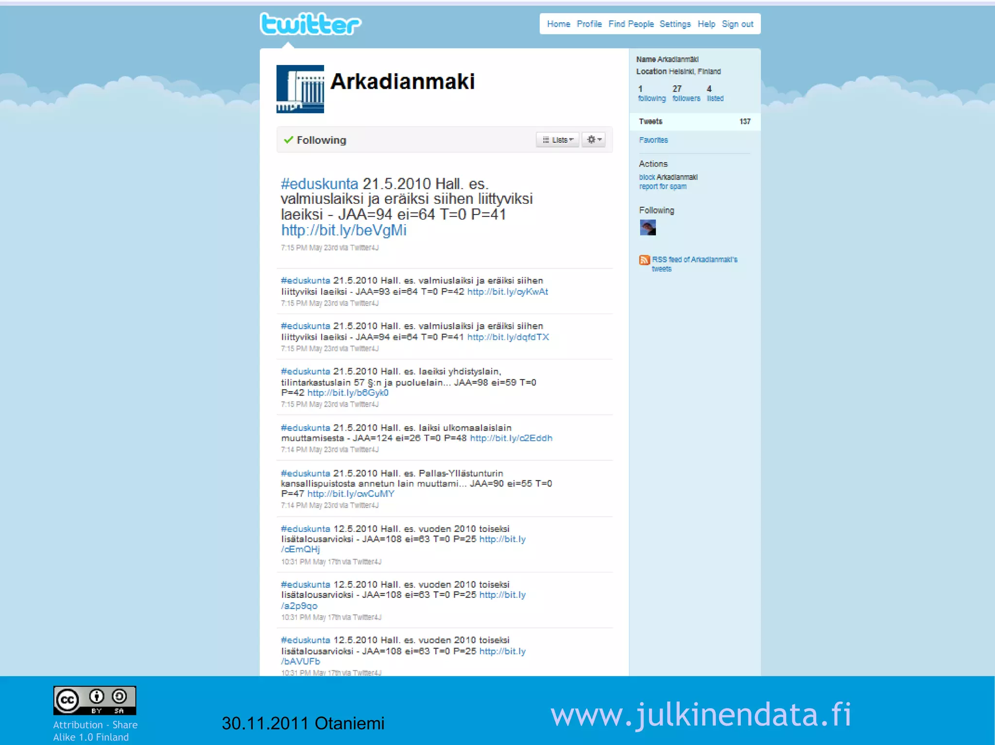 4

Attribution - Share
Alike 1.0 Finland
                      30.11.2011 Otaniemi   www.julkinendata.fi
 