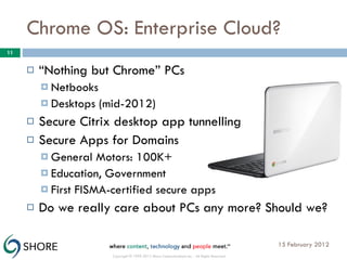 Chrome OS: Enterprise Cloud? “ Nothing but Chrome” PCs Netbooks Desktops (mid-2012) Secure Citrix desktop app tunnelling Secure Apps for Domains General Motors: 100K+ Education, Government First FISMA-certified secure apps Do we really care about PCs any more? Should we? 15 February 2012 Copyright © 1999-2012 Shore Communications Inc. - All Rights Reserved 