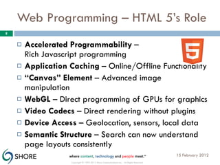 Web Programming – HTML 5’s Role Accelerated Programmability  –  Rich Javascript programming Application Caching  – Online/Offline Functionality “ Canvas” Element  – Advanced image manipulation WebGL  – Direct programming of GPUs for graphics Video Codecs  – Direct rendering without plugins Device Access  – Geolocation, sensors, local data Semantic Structure  – Search can now understand page layouts consistently 15 February 2012 Copyright © 1999-2012 Shore Communications Inc. - All Rights Reserved 