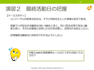 13



演習２ 最終活動日の把握
【ケーススタディ】
 • ユニバーサル印刷株式会社は、チラシ印刷を主とした事業の会社である。


 • 営業マンが担当する顧客は150～200社と多く、月に1回も訪問できない顧
  客も多い。そのため最後に訪問した日付を把握し、訪問もれを防止したい。

 • 訪問履歴は顧客別に時系列でわかるようにしたい。




          行動とtodoの登録運用ルールはどうすれば良いでよ
          うか？




           Copyright (c) 2012 App on demand All rights Reserved
 