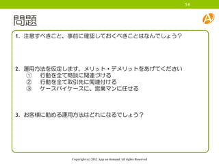 14



問題
1. 注意すべきこと、事前に確認しておくべきことはなんでしょう？




2. 運用方法を仮定します。メリット・デメリットをあげてください
    ① 行動を全て商談に関連づける
    ② 行動を全て取引先に関連付ける
    ③ ケースバイケースに、営業マンに任せる



3. お客様に勧める運用方法はどれになるでしょう？




          Copyright (c) 2012 App on demand All rights Reserved
 