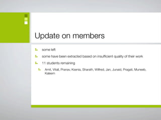 Update on members
 some left
 some have been extracted based on insufﬁcient quality of their work
 11 students remaining
  Amit, Vitali, Pranav, Ksenia, Sharath, Wilfred, Jan, Junaid, Pragati, Muneeb,
  Kaleem
 