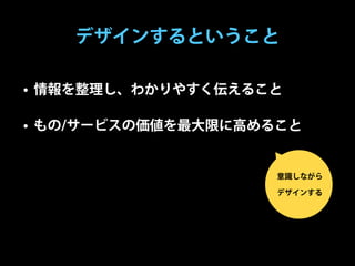 デザインするということ

• 情報を整理し、わかりやすく伝えること

• もの/サービスの価値を最大限に高めること


                    意識しながら

                    デザインする
 