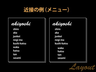 近接の例（メニュー）

akiyoshi      akiyoshi
shiro         shiro
aka           aka
junkei        junkei
negi-ma       negi-ma
kushi-katsu   kushi-katsu
waka            waka
hatsu           hatsu
tan             tan
sasami          sasami



                            Layout
 