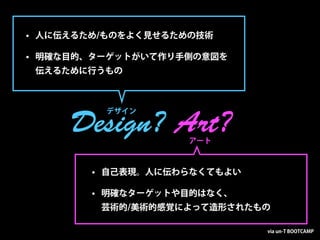 • 人に伝えるため/ものをよく見せるための技術

• 明確な目的、ターゲットがいて作り手側の意図を
 伝えるために行うもの



         デザイン

     Design? Art?   アート



        • 自己表現。人に伝わらなくてもよい

        • 明確なターゲットや目的はなく、
         芸術的/美術的感覚によって造形されたもの

                             via un-T BOOTCAMP
 