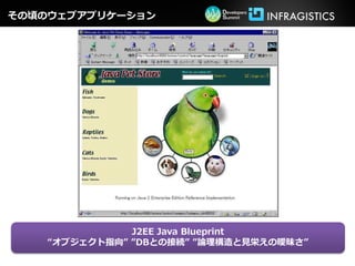 その頃のウェブアプリケーション




               J2EE Java Blueprint
    “オブジェクト指向” ”DBとの接続” ”論理構造と見栄えの曖昧さ”
 