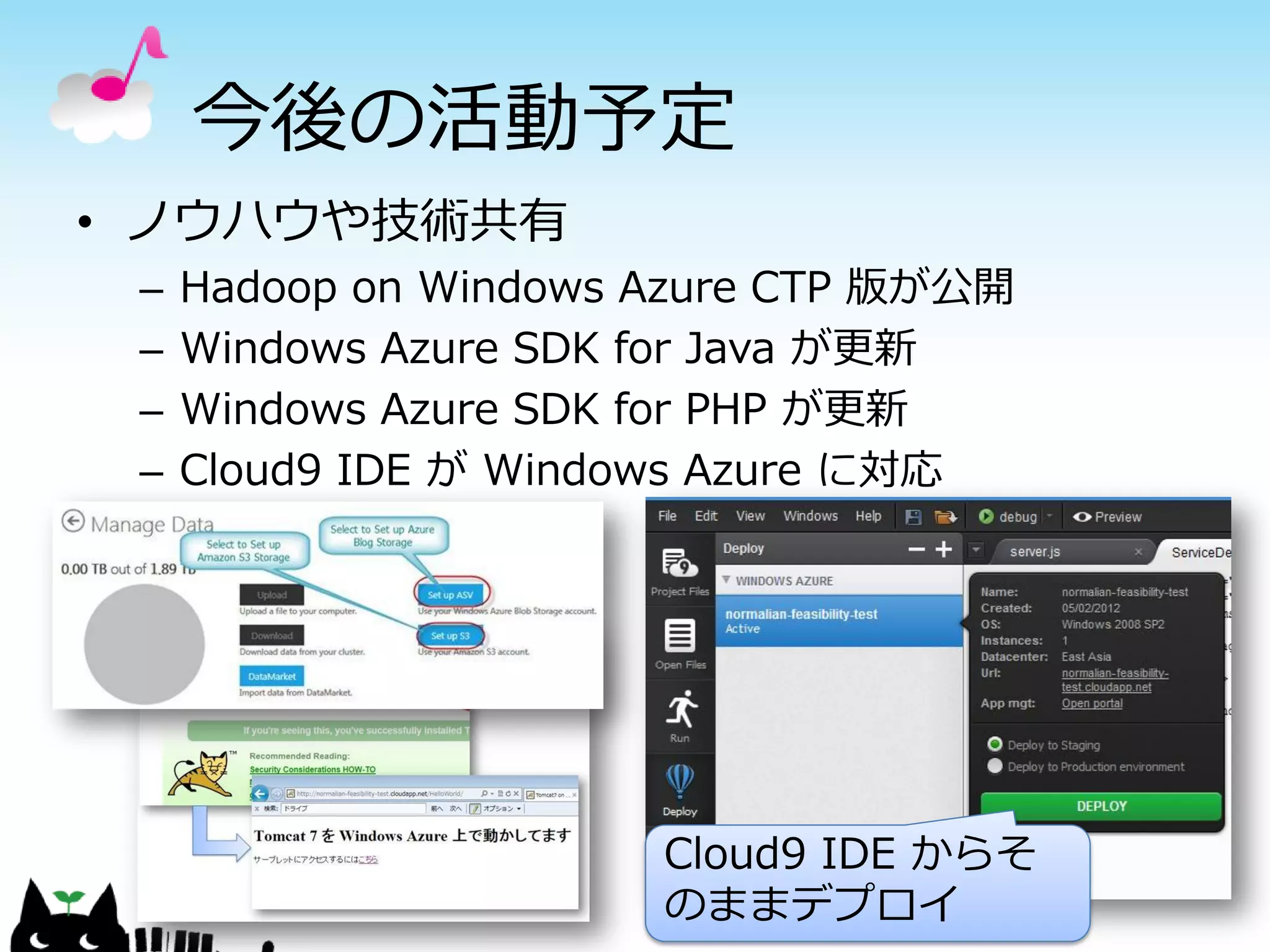 今後の活動予定
• ノウハウや技術共有
 –   Hadoop on Windows Azure CTP 版が公開
 –   Windows Azure SDK for Java が更新
 –   Windows Azure SDK for PHP が更新
 –   Cloud9 IDE が Windows Azure に対応




                       Cloud9 IDE からそ
                       のままデプロイ
 
