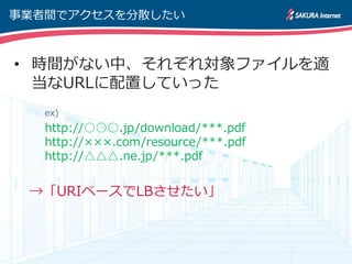 事業者間でゕクセスを分散したい



• 時間がない中、それぞれ対象フゔイルを適
  当なURLに配置していった
   ex)
   http://○○○.jp/download/***.pdf
   http://×××.com/resource/***.pdf
   http://△△△.ne.jp/***.pdf


 →「URIベースでLBさせたい」
 