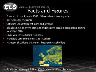 Facts and Figures
• Currently in use by over 4500 US law enforcement agencies
• Over 400,000 end users
• Software uses Intelligent icons and symbols
• Reduces time on event planning and incident diagramming and reporting
  by at least 50%
• Saves you time...therefore money
• Incredible user friendliness and interface
• Increases situational awareness between stakeholders




•   Explosive Learning Solutions ONLY sellers in UK and Europe
 