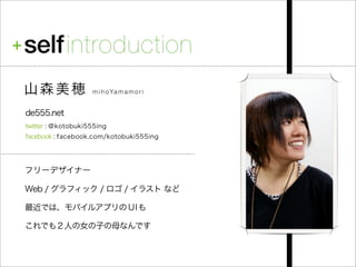 self introduction
山森美穂                m i h o Ya m a m o r i


de555.net
twitter : ＠kotobuki555ing
facebook : facebook.com...