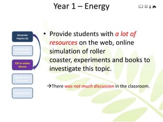 Year 1 – Energy                         




  Generate
 Inquiry Qs
                 • Provide students with a lot of
                   resources on the web, online
Identify good
Qs for Inquiry     simulation of roller
F2F or online
                   coaster, experiments and books to
   discuss
                   investigate this topic.
Identify Good
  Discussion

                  There was not much discussion in the classroom.
Consolidation
 