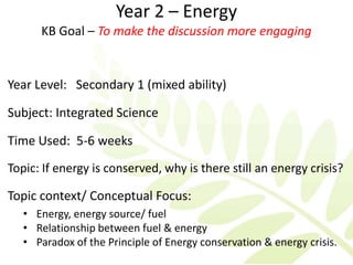 Year 2 – Energy
      KB Goal – To make the discussion more engaging


Year Level: Secondary 1 (mixed ability)

Subject: Integrated Science

Time Used: 5-6 weeks
Topic: If energy is conserved, why is there still an energy crisis?

Topic context/ Conceptual Focus:
   • Energy, energy source/ fuel
   • Relationship between fuel & energy
   • Paradox of the Principle of Energy conservation & energy crisis.
 