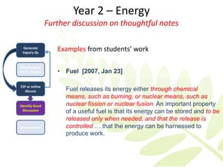 Year 2 – Energy
                 Further discussion on thoughtful notes

  Generate
 Inquiry Qs
                    Examples from students’ work

Identify good
Qs for Inquiry      • Fuel [2007, Jan 23]

F2F or online
   discuss             Fuel releases its energy either through chemical
                       means, such as burning, or nuclear means, such as
Identify Good          nuclear fission or nuclear fusion. An important property
  Discussion           of a useful fuel is that its energy can be stored and to be
                       released only when needed, and that the release is
Consolidation          controlled … that the energy can be harnessed to
                       produce work.
 