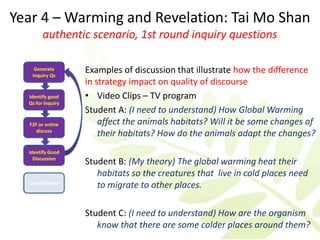 Year 4 – Warming and Revelation: Tai Mo Shan
        authentic scenario, 1st round inquiry questions

    Generate
   Inquiry Qs
                   Examples of discussion that illustrate how the difference
                   in strategy impact on quality of discourse
  Identify good    • Video Clips – TV program
  Qs for Inquiry
                   Student A: (I need to understand) How Global Warming
  F2F or online        affect the animals habitats? Will it be some changes of
     discuss
                       their habitats? How do the animals adapt the changes?
  Identify Good
    Discussion
                   Student B: (My theory) The global warming heat their
                      habitats so the creatures that live in cold places need
  Consolidation
                      to migrate to other places.

                   Student C: (I need to understand) How are the organism
                      know that there are some colder places around them?
 