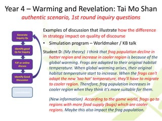 Year 4 – Warming and Revelation: Tai Mo Shan
        authentic scenario, 1st round inquiry questions
                   Examples of discussion that illustrate how the difference
    Generate
   Inquiry Qs
                   in strategy impact on quality of discourse
                   • Simulation program – Worldmaker / KB talk
  Identify good
  Qs for Inquiry   Student D: (My theory) I think that frog population decline in
                      hotter region and increase in cooler region is because of the
  F2F or online       global warming. Frogs are adapted to their original habitat
     discuss
                      temperature. When global warming arises, their original
                      habitat temperature start to increase. When the frogs can't
  Identify Good
    Discussion        adapt the new 'too hot' temperature, they'll have to migrate
                      to cooler region. Therefore, frog population increases in
                      cooler region when they think it's more suitable for them.
  Consolidation

                      (New information) According to the game world, frogs go to
                      regions with more food supply (bugs) which are cooler
                      regions. Maybe this also impact the frog population.
 