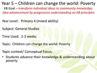 Year 5 – Children can change the world: Poverty
 KB Goal – transform individual ideas to community knowledge;
Idea advancement by progressive understanding on KB principles

Year Level: Primary 4 (mixed ability)

Subject: General Studies

Time Used: 2-3 weeks
Topic: Children can change the world: Poverty

Topic context/ Conceptual Focus:
• Students advance their knowledge & understanding about
  poverty
 