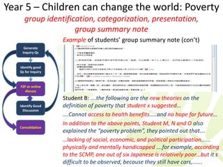 Year 5 – Children can change the world: Poverty
     group identification, categorization, presentation,
                    group summary note
                    Example of students’ group summary note (con’t)
     Generate
    Inquiry Qs


   Identify good
   Qs for Inquiry


   F2F or online
      discuss

                    Student B: ….the following are the new theories on the
   Identify Good    definition of poverty that student x suggested…
     Discussion
                    ….Cannot access to health benefits…..and no hope for future…
                    In addition to the above points, Student M, N and O also
   Consolidation
                    explained the “poverty problem”, they pointed out that….
                    …lacking of social, economic, and political participation......
                    physically and mentally handicapped ….for example, according
                    to the SCMP, one out of six Japanese is relatively poor…but it s
                    difficult to be observed, because they still have cars,…….
 