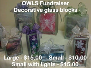 OWLS Fundraiser
   Decorative glass blocks




Large - $15.00 Small - $10.00
   Small with lights - $15.00
 