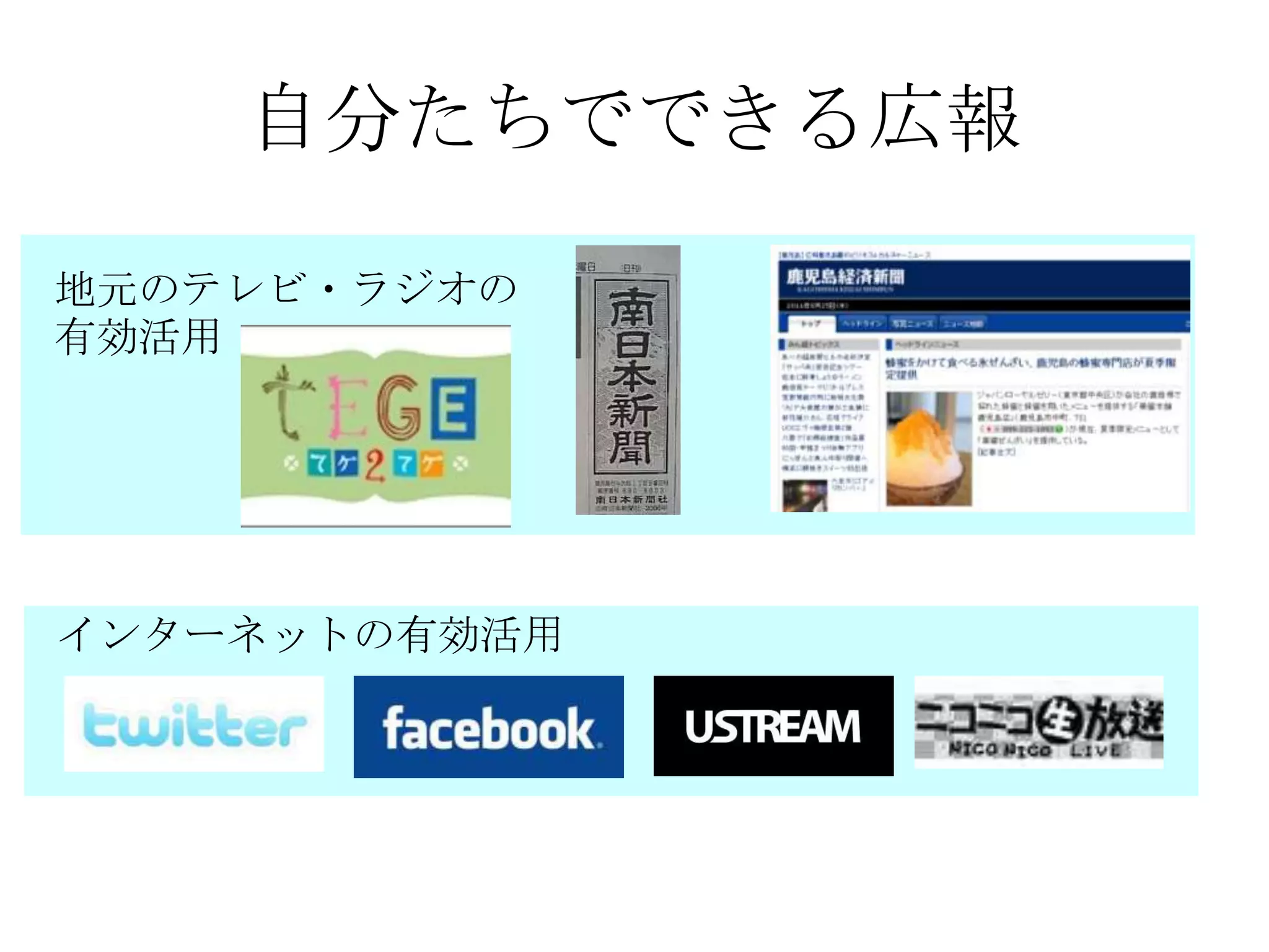 自分たちでできる広報

地元のテレビ・ラジオの
有効活用




インターネットの有効活用
 