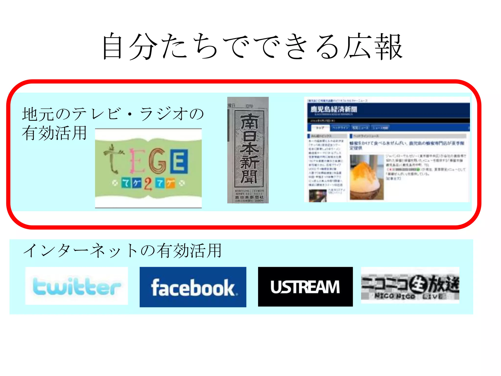 自分たちでできる広報

地元のテレビ・ラジオの
有効活用




インターネットの有効活用
 