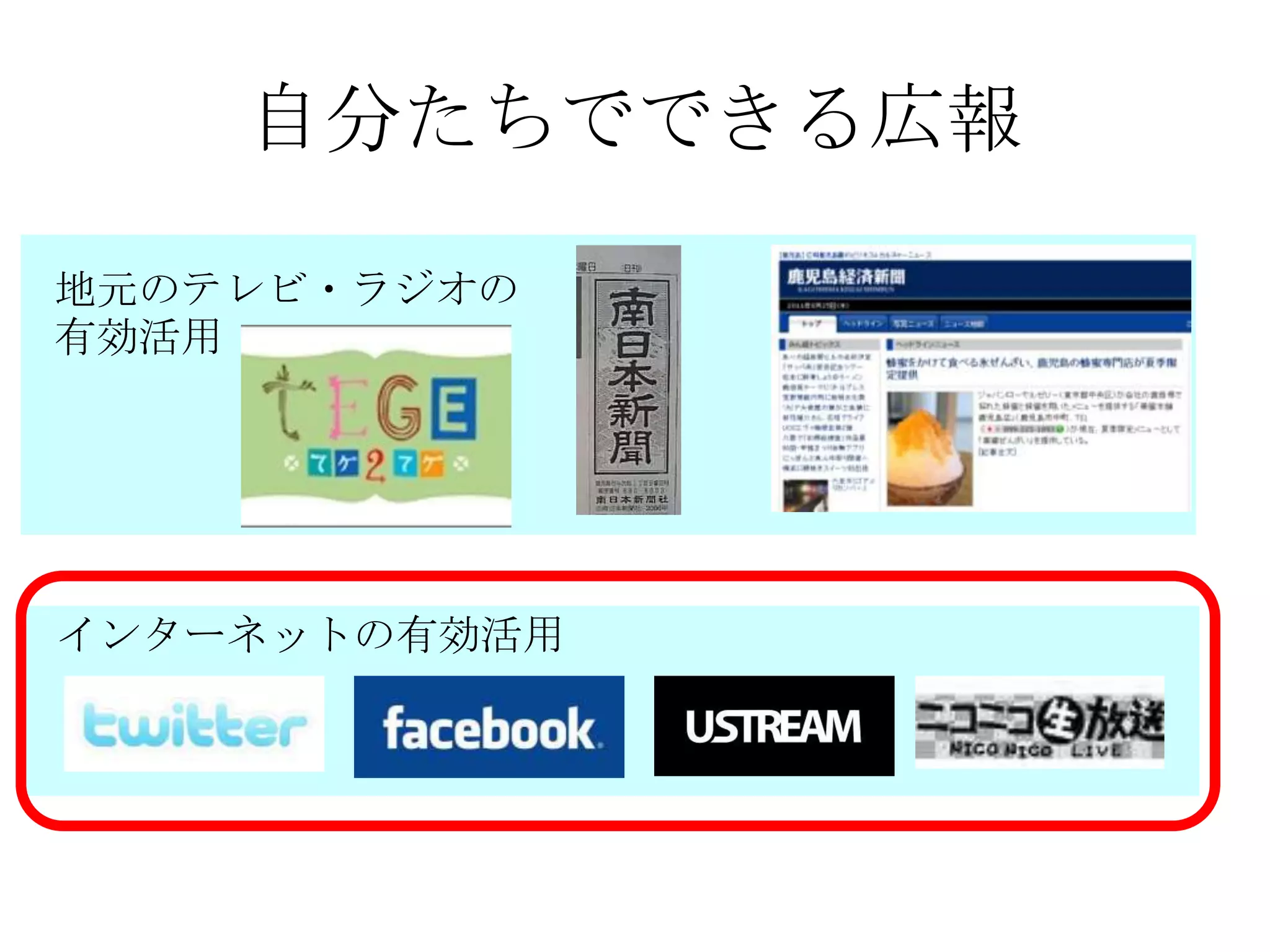 自分たちでできる広報

地元のテレビ・ラジオの
有効活用




インターネットの有効活用
 