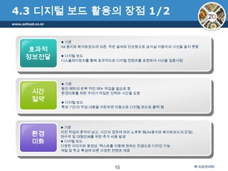 4.3 디지털 보드 활용의 장점 1/2
www.zofood.co.kr




                    기존
                   A4 용지와 화이트보드에 의존, 작은 글씨와 단순함으로 급식실 이용자의 시선을 끌지 못함
      효과적
      정보전달          디지털 보드
                   디스플레이장치를 통해 효과적으로 디지털 컨텐츠를 표현하여 시선을 집중시킴




                    기존
                   동인 패턴의 반복 적인 메뉴 작업을 필요로 함
         시간        환경미화를 위한 꾸미기 작업은 인력과 시간을 요함
         절약         디지털 보드
                   특정 기간의 작업 내용을 저장하면 자동으로 디지털 보드로 출력 됨




                    기존

         환경        이전 작업의 흔적이 남고, 시간의 경과에 따라 노후화 됨(A4용지와 화이트보드의 단점)
                   현수막 및 대형인쇄를 위한 추가 비용 발생
         미화         디지털 보드
                   다양한 이미지와 동영상, 텍스트를 이용해 원하는 컨셉으로 디자인 가능
                   계절 및 학교 특성에 따른 다양한 컨텐츠 제공



                                      15                              ㈜ 지오아이티
 