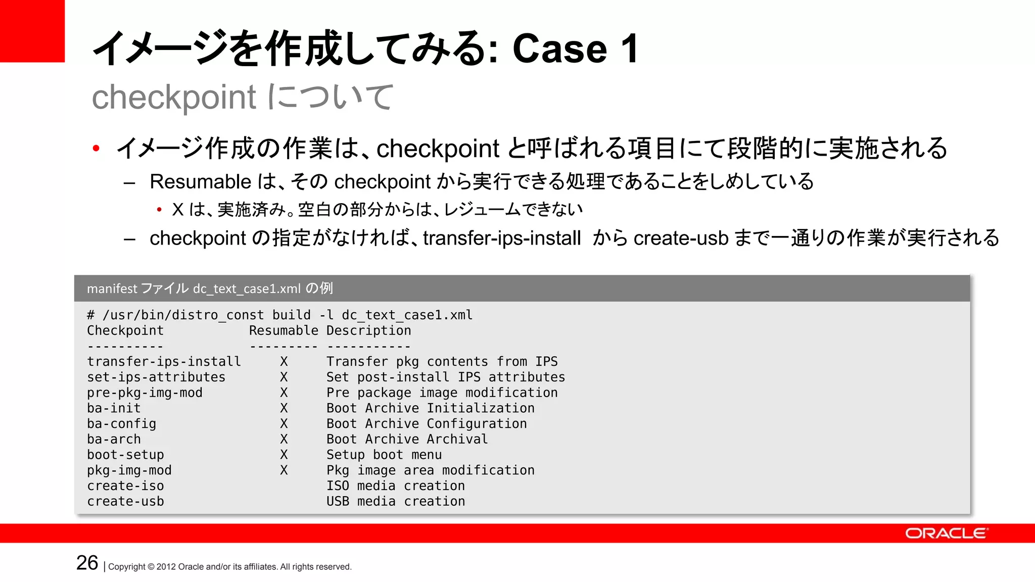 イメージを作成してみる: Case 1
   checkpoint について
   • イメージ作成の作業は、checkpoint と呼ばれる項目にて段階的に実施される
            – Resumable は、その checkpoint から実行できる処理であることをしめしている
                    • X は、実施済み。空白の部分からは、レジュームできない
            – checkpoint の指定がなければ、transfer-ips-install から create-usb まで一通りの作業が実行される

  manifest ファイル dc_text_case1.xml の例
  # /usr/bin/distro_const build -l dc_text_case1.xml
  Checkpoint           Resumable Description
  ----------           --------- -----------
  transfer-ips-install     X     Transfer pkg contents from IPS
  set-ips-attributes       X     Set post-install IPS attributes
  pre-pkg-img-mod          X     Pre package image modification
  ba-init                  X     Boot Archive Initialization
  ba-config                X     Boot Archive Configuration
  ba-arch                  X     Boot Archive Archival
  boot-setup               X     Setup boot menu
  pkg-img-mod              X     Pkg image area modification
  create-iso                     ISO media creation
  create-usb                     USB media creation



26 | Copyright © 2012 Oracle and/or its affiliates. All rights reserved.
 