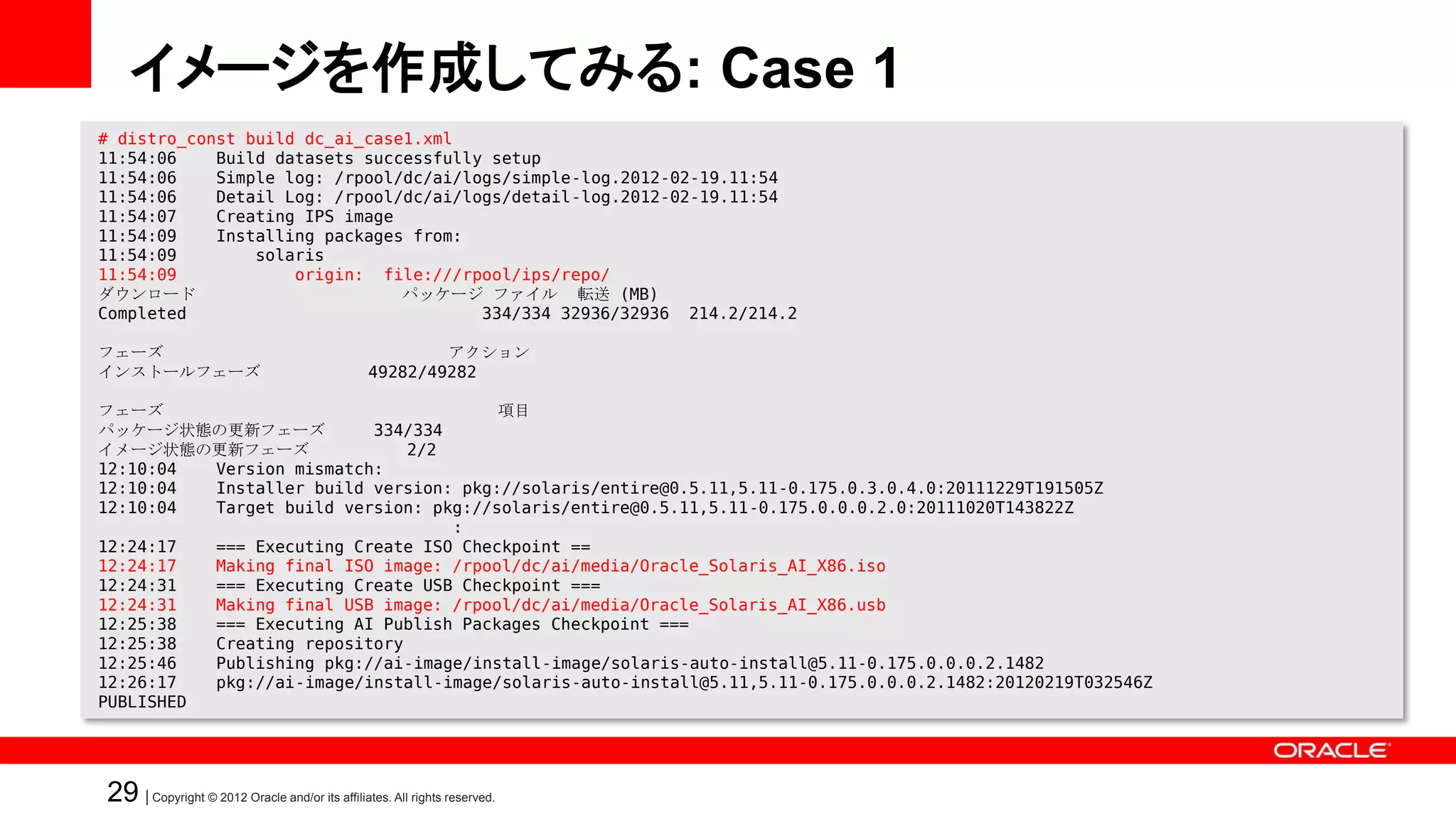 イメージを作成してみる: Case 1
# distro_const build dc_ai_case1.xml
11:54:06    Build datasets successfully setup
11:54:06    Simple log: /rpool/dc/ai/logs/simple-log.2012-02-19.11:54
11:54:06    Detail Log: /rpool/dc/ai/logs/detail-log.2012-02-19.11:54
11:54:07    Creating IPS image
11:54:09    Installing packages from:
11:54:09        solaris
11:54:09            origin: file:///rpool/ips/repo/
ダウンロード                         パッケージ ファイル 転送 (MB)
Completed                              334/334 32936/32936 214.2/214.2

フェーズ                                                    アクション
インストールフェーズ                                      49282/49282

フェーズ                                   項目
パッケージ状態の更新フェーズ            334/334
イメージ状態の更新フェーズ                 2/2
12:10:04  Version mismatch:
12:10:04  Installer build version: pkg://solaris/entire@0.5.11,5.11-0.175.0.3.0.4.0:20111229T191505Z
12:10:04  Target build version: pkg://solaris/entire@0.5.11,5.11-0.175.0.0.0.2.0:20111020T143822Z
                                  :
12:24:17  === Executing Create ISO Checkpoint ==
12:24:17  Making final ISO image: /rpool/dc/ai/media/Oracle_Solaris_AI_X86.iso
12:24:31  === Executing Create USB Checkpoint ===
12:24:31  Making final USB image: /rpool/dc/ai/media/Oracle_Solaris_AI_X86.usb
12:25:38  === Executing AI Publish Packages Checkpoint ===
12:25:38  Creating repository
12:25:46  Publishing pkg://ai-image/install-image/solaris-auto-install@5.11-0.175.0.0.0.2.1482
12:26:17  pkg://ai-image/install-image/solaris-auto-install@5.11,5.11-0.175.0.0.0.2.1482:20120219T032546Z
PUBLISHED




29 | Copyright © 2012 Oracle and/or its affiliates. All rights reserved.
 