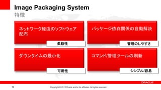 Image Packaging System
     特徴

      ネットワーク経由のソフトウェア                                          パッケージ依存関係の自動解決
      配布

                       柔軟性                                                           管理のしやすさ


      ダウンタイムの最小化                                               コマンド/管理ツールの刷新


                       可用性                                                           シンプル/容易



10             Copyright © 2012 Oracle and/or its affiliates. All rights reserved.
 