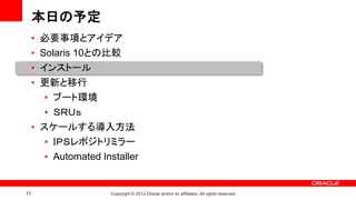 本日の予定
     • 必要事項とアイデア
     • Solaris 10との比較
     • インストール
     • 更新と移行
        • ブート環境
        • ＳＲＵｓ
     • スケールする導入方法
        • ＩＰＳレポジトリミラー
        • Automated Installer


11                    Copyright © 2012 Oracle and/or its affiliates. All rights reserved.
 
