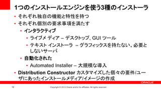1つのインストールエンジンを使う3種のインストーラ
     • それぞれ独自の機能と特性を持つ
     • それぞれ個別の要求事項を満たす
        • インタラクティブ
           • ライブメ ディア – デスクトップ, GUI ツール
           • テキスト インストーラ – グラフィックスを持たない、必要と
             しないサーバ
        • 自動化された
           • Automated Installer – 大規模な導入
     • Distribution Constructor カスタマイズした個々の要件/ユー
       ザにあったインストールメディア/イメージの作成
12              Copyright © 2012 Oracle and/or its affiliates. All rights reserved.
 