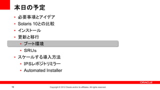 本日の予定
     • 必要事項とアイデア
     • Solaris 10との比較
     • インストール
     • 更新と移行
        • ブート環境
        • ＳＲＵｓ
     • スケールする導入方法
        • ＩＰＳレポジトリミラー
        • Automated Installer


16                    Copyright © 2012 Oracle and/or its affiliates. All rights reserved.
 