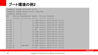 ブート環境の例2
{badboy} beadm activate b-151
{badboy} beadm mount b-151 /tmp/mnt
{badboy} beadm list
BE    Active Mountpoint Space Policy                 Created
--    ------ ---------- ----- ------                 -------
b-140 -      -          11.51M static                2010-05-26             12:47
b-141 -      -          11.98M static                2010-06-10             15:40
b-142 -      -          10.14M static                2010-06-24             08:05
b-143 -      -          13.85M static                2010-07-12             09:47
b-144 -      -          1.48G static                 2010-07-22             12:09
b-145 -      -          14.64M static                2010-08-03             22:23
b-146 -      -          10.43M static                2010-08-20             15:31
b-147 -      -          12.29M static                2010-09-06             19:28
b-148 -      -          13.11M static                2010-09-23             17:05
b-149 -      -          14.49M static                2010-09-30             18:53
b-150 -      -          11.83M static                2010-10-15             10:32
b-151 R      /tmp/mnt   53.82G static                2010-11-15             10:10
b-152 N      /          1.71G static                 2010-11-17             16:32


20                    Copyright © 2012 Oracle and/or its affiliates. All rights reserved.
 