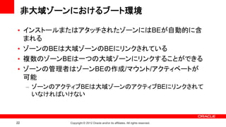 非大域ゾーンにおけるブート環境

• インストールまたはアタッチされたゾーンにはBEが自動的に含
  まれる
• ゾーンのBEは大域ゾーンのBEにリンクされている
• 複数のゾーンBEは一つの大域ゾーンにリンクすることができる
• ゾーンの管理者はゾーンBEの作成/マウント/アクティベートが
  可能
     – ゾーンのアクティブBEは大域ゾーンのアクティブBEにリンクされて
       いなければいけない



22           Copyright © 2012 Oracle and/or its affiliates. All rights reserved.
 