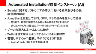 Automated Installation/自動インストール (AI)
• Solarisに関するソフトウエアの導入における初期及びその後
  の費用の削減
• JumpStartと比較してZFS, SMF, IPSの強みを生かして拡張
      – 第3者や、顧客が開発する必要がある拡張をなくす/減らす
      – 多くのスクリプトは最初のブート時のSMFサービスに移行
• ゾーンの導入にシームレスに統合
• ＷＡＮ環境で使えるようにすることによる柔軟性
• 管理しやすくかつ監視しやすくなるように設計
      – installadm(1M) だけで管理/運用



 29                Copyright © 2012 Oracle and/or its affiliates. All rights reserved.
 