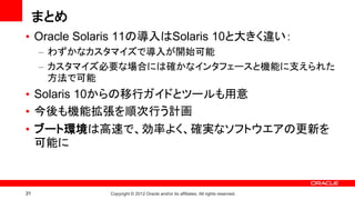 まとめ
• Oracle Solaris 11の導入はSolaris 10と大きく違い：
     – わずかなカスタマイズで導入が開始可能
     – カスタマイズ必要な場合には確かなインタフェースと機能に支えられた
       方法で可能
• Solaris 10からの移行ガイドとツールも用意
• 今後も機能拡張を順次行う計画
• ブート環境は高速で、効率よく、確実なソフトウエアの更新を
  可能に



31           Copyright © 2012 Oracle and/or its affiliates. All rights reserved.
 