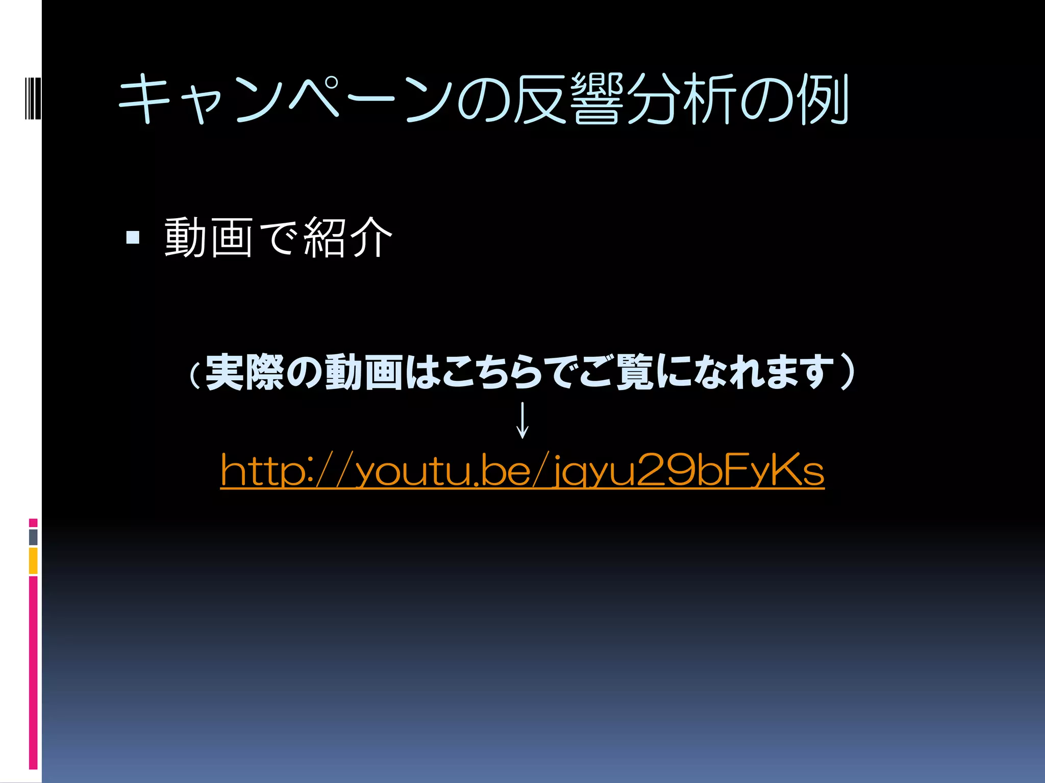 キャンペーンの反響分析の例

 動画で紹介


 （実際の動画はこちらでご覧になれます）
                ↓
  http://youtu.be/jqyu29bFyKs
 