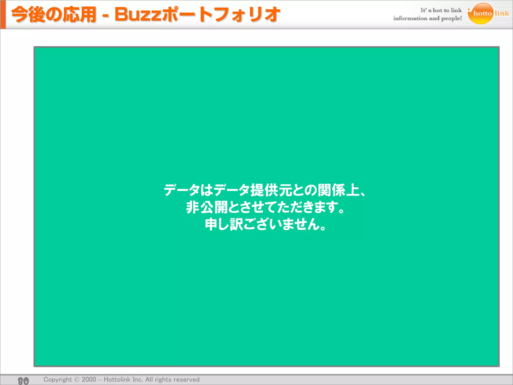 デジタルカメラ、ブランド別

                           口コミ：ブログ、フィルター弱
                           検索：ブランド名の英語表記orカタカナ表記


                                                           期間
                                                           2006/11/01-2006/12/31
                                                           2007/01/01-2007/03/31
                                                           2007/04/01-2007/06/30
                                             データはデータ提供元との関係上、
                                                           2007/07/01-2007/09/30
                                               非公開とさせてただきます。
                                                申し訳ございません。 2007/10/01-2007/12/31
                                                           2008/01/01-2008/03/31
                                                           2008/04/01-2008/04/30




                              相関関数で計測したデジカメのBuzzシェアと販売台数
                              のシェアの相関係数は、「0.75」

80   Copyright © 2000 – Hottolink Inc. All rights reserved
 
